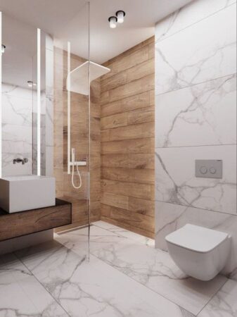 marbre et bois dans une salle de bain préfabriquée - BAUDET